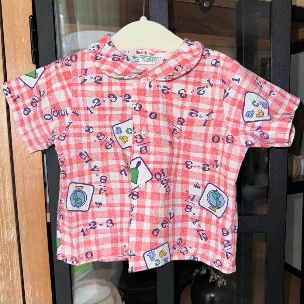 Vintage 80s Health-tex button down Shirt ABCs Gingham Back to School baby boy